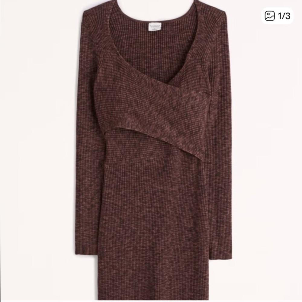 Long-Sleeve Wrap-Front Mini Sweater Dress in Dark Brown